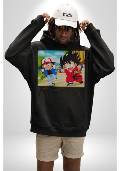 Dragon Ball x Pokémon Japon Anime Kadın Erkek  Siyah Kapüşonlu Sweatshirt Hoodie