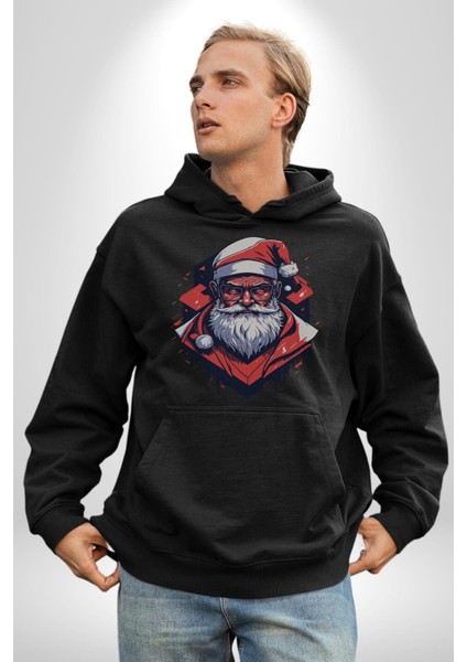 Cool Santa Claus Noel Baba Kadın Erkek Siyah Kapüşonlu Sweatshirt Hoodie modelleri