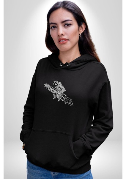 Roket Astronot Kadın Erkek Siyah Kapüşonlu Sweatshirt Hoodie fiyatları