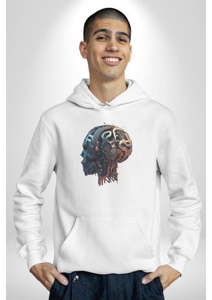 Robot Kafası Kız Kadın Erkek Beyaz Kapüşonlu Sweatshirt Hoodie fırsatları