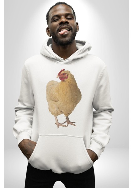 Tavuk Kadın Erkek Beyaz Kapüşonlu Sweatshirt Hoodie