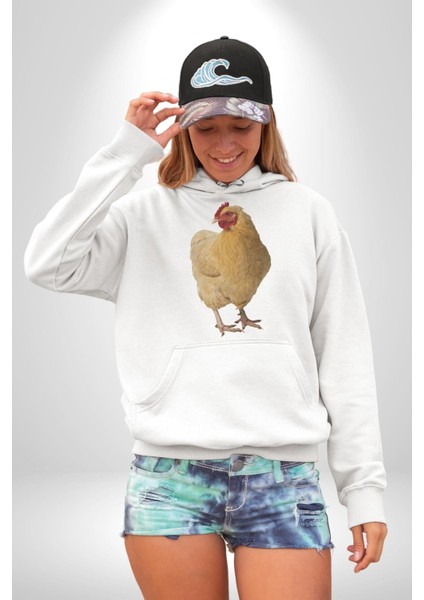 Tavuk Kadın Erkek Beyaz Kapüşonlu Sweatshirt Hoodie fırsatları