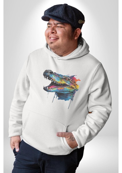 Timsah Renkli Kafası Kadın Erkek Beyaz Kapüşonlu Sweatshirt Hoodie