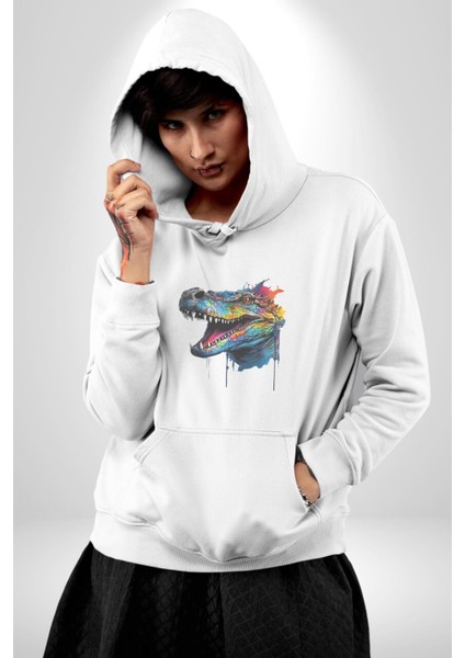 Timsah Renkli Kafası Kadın Erkek Beyaz Kapüşonlu Sweatshirt Hoodie fiyatları
