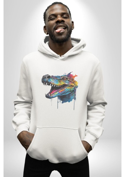 Timsah Renkli Kafası Kadın Erkek Beyaz Kapüşonlu Sweatshirt Hoodie modelleri