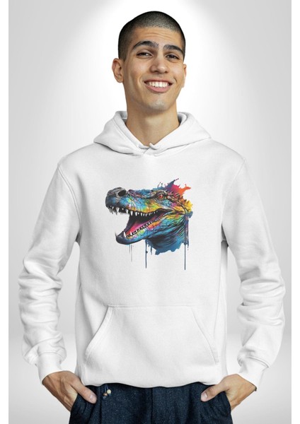 Timsah Renkli Kafası Kadın Erkek Beyaz Kapüşonlu Sweatshirt Hoodie fırsatları
