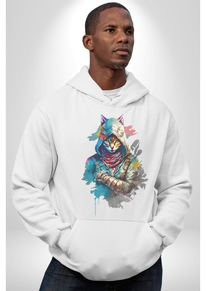 Kedi Assassin's Creed  Kadın Erkek  Beyaz Kapüşonlu Sweatshirt Hoodie