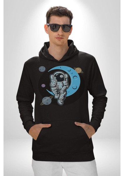 Astronot Uzayda Sıkılmış Kadın Erkek Siyah Kapüşonlu Sweatshirt Hoodie