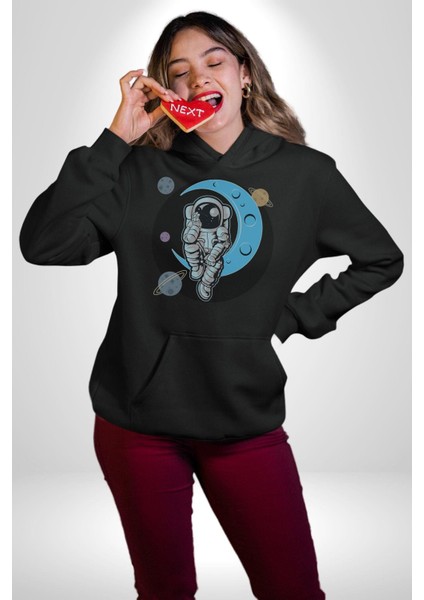 Astronot Uzayda Sıkılmış Kadın Erkek Siyah Kapüşonlu Sweatshirt Hoodie
