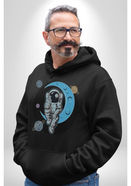 Astronot Uzayda Sıkılmış Kadın Erkek Siyah Kapüşonlu Sweatshirt Hoodie