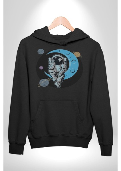 Astronot Uzayda Sıkılmış Kadın Erkek Siyah Kapüşonlu Sweatshirt Hoodie