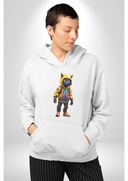 Spor Eşofman Takımı Sarı Kedi Insan Kadın Erkek Beyaz Kapüşonlu Sweatshirt Hoodie