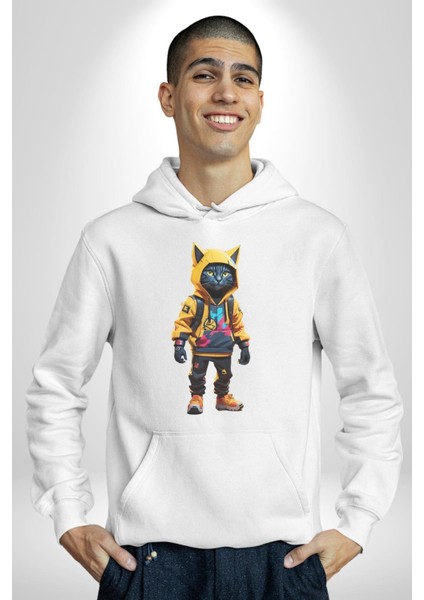 Spor Eşofman Takımı Sarı Kedi Insan Kadın Erkek Beyaz Kapüşonlu Sweatshirt Hoodie fiyatları