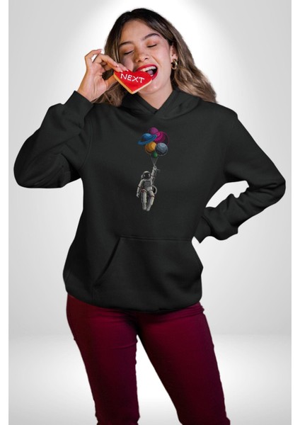 Gezegenler Balon Astronot Yükselişi Kadın Erkek Siyah Kapüşonlu Sweatshirt Hoodie