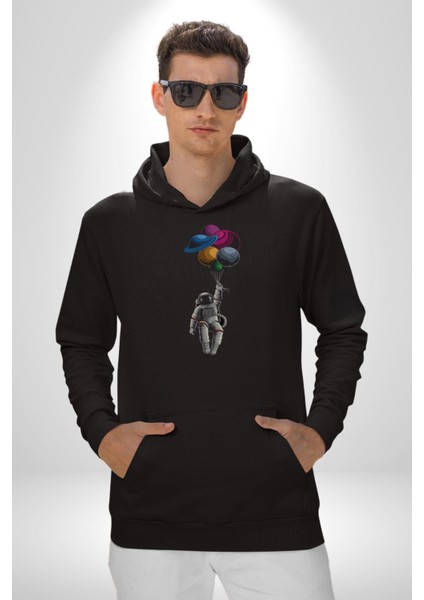 Gezegenler Balon Astronot Yükselişi Kadın Erkek Siyah Kapüşonlu Sweatshirt Hoodie