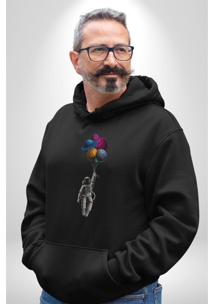 Gezegenler Balon Astronot Yükselişi Kadın Erkek Siyah Kapüşonlu Sweatshirt Hoodie