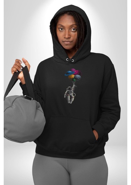 Gezegenler Balon Astronot Yükselişi Kadın Erkek Siyah Kapüşonlu Sweatshirt Hoodie