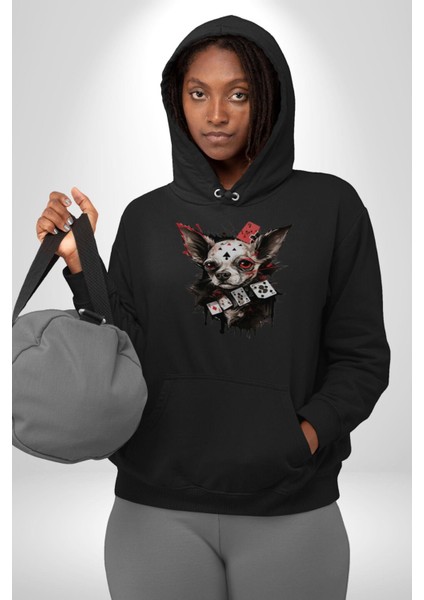 Poker Chihuahua  Kadın Erkek  Siyah Kapüşonlu Sweatshirt Hoodie