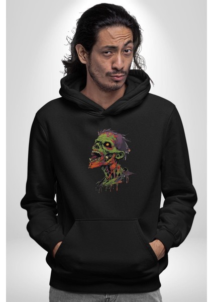 Zombi Kafası Kadın Erkek Siyah Kapüşonlu Sweatshirt Hoodie fiyatları