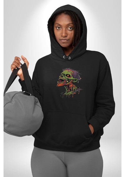 Zombi Kafası Kadın Erkek Siyah Kapüşonlu Sweatshirt Hoodie fırsatları