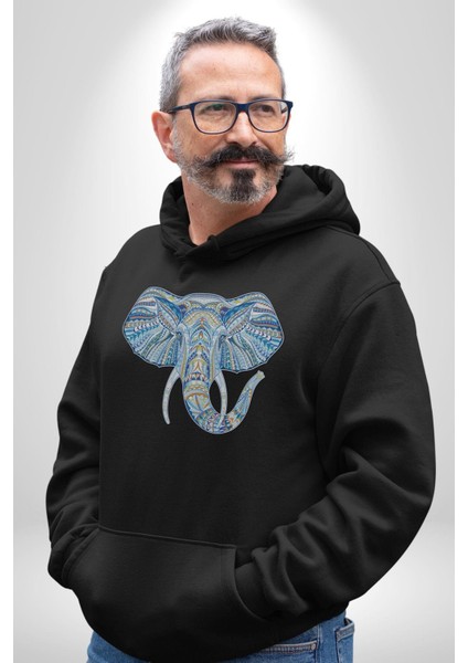 Mandala Renkli Fil Kadın Erkek Siyah Kapüşonlu Sweatshirt Hoodie