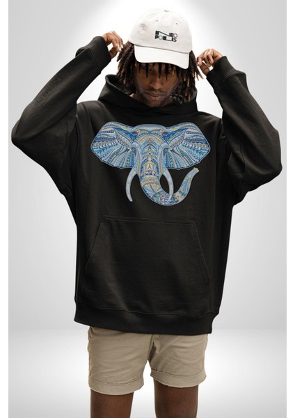 Mandala Renkli Fil Kadın Erkek Siyah Kapüşonlu Sweatshirt Hoodie fiyatları