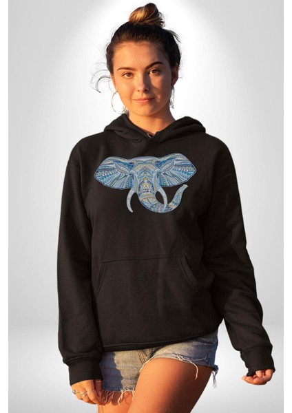 Mandala Renkli Fil Kadın Erkek Siyah Kapüşonlu Sweatshirt Hoodie modelleri