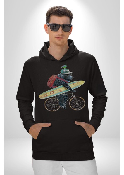 Komik Köpek Sörf Tahtası Bisiklet Kadın Erkek Siyah Kapüşonlu Sweatshirt Hoodie fiyatları