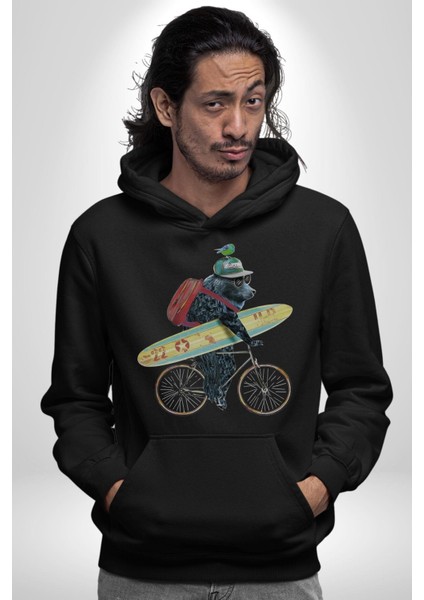 Komik Köpek Sörf Tahtası Bisiklet Kadın Erkek Siyah Kapüşonlu Sweatshirt Hoodie modelleri
