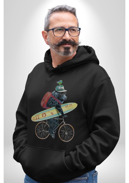 Komik Köpek Sörf Tahtası Bisiklet Kadın Erkek Siyah Kapüşonlu Sweatshirt Hoodie fırsatları