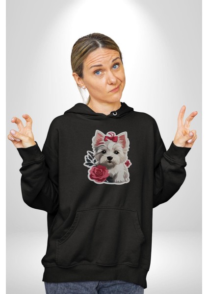 Beyaz Highland Teriyeri Kırmızı Gül Kadın Erkek Siyah Kapüşonlu Sweatshirt Hoodie