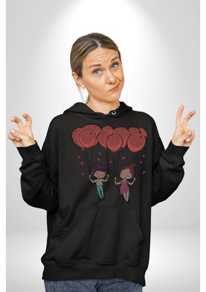 Sevgili Balon Aşk Salıncak Sevgililer Günü Kadın Erkek Siyah Kapüşonlu Sweatshirt Hoodie