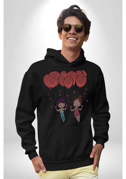 Sevgili Balon Aşk Salıncak Sevgililer Günü Kadın Erkek Siyah Kapüşonlu Sweatshirt Hoodie