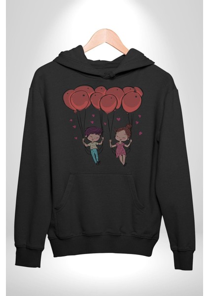 Sevgili Balon Aşk Salıncak Sevgililer Günü Kadın Erkek Siyah Kapüşonlu Sweatshirt Hoodie