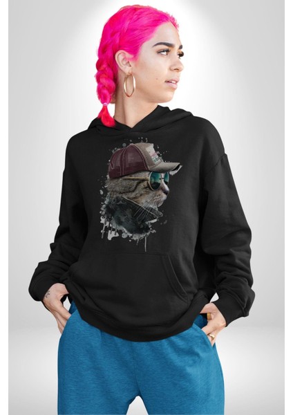 Pilot Çeketli Deri Şapkalı Cool Kedi Kadın Erkek Siyah Kapüşonlu Sweatshirt Hoodie