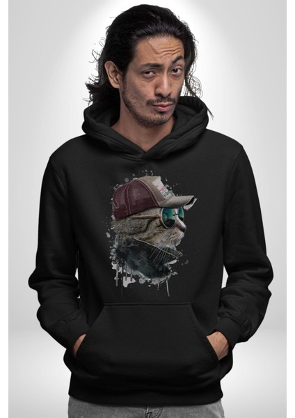 Pilot Çeketli Deri Şapkalı Cool Kedi Kadın Erkek Siyah Kapüşonlu Sweatshirt Hoodie