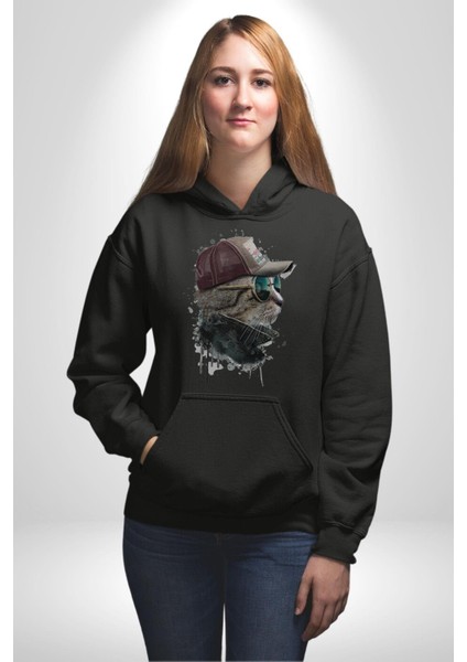 Pilot Çeketli Deri Şapkalı Cool Kedi Kadın Erkek Siyah Kapüşonlu Sweatshirt Hoodie