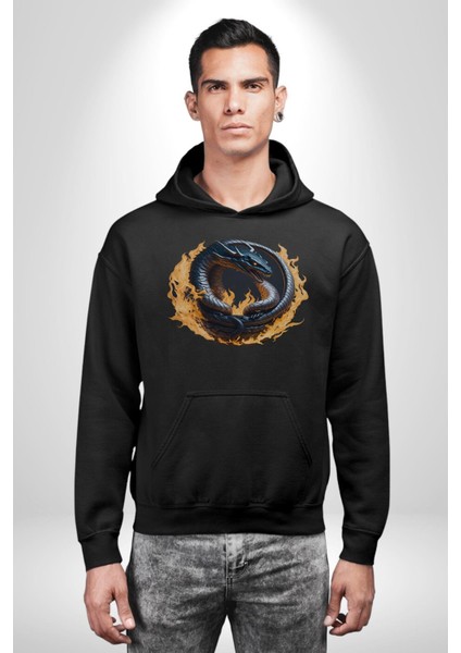 Ejderha Ateşli Top Kadın Erkek Siyah Kapüşonlu Sweatshirt Hoodie