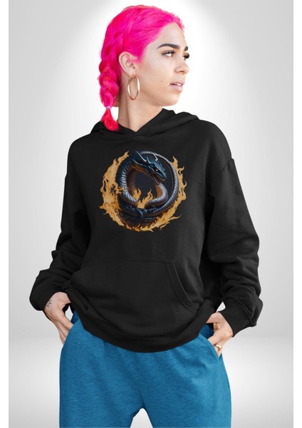 Ejderha Ateşli Top Kadın Erkek Siyah Kapüşonlu Sweatshirt Hoodie fiyatları