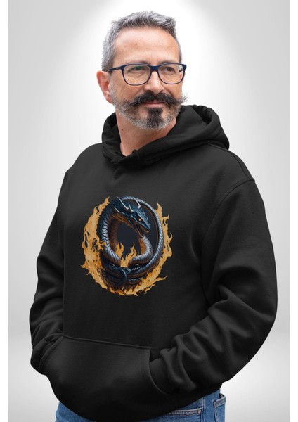 Ejderha Ateşli Top Kadın Erkek Siyah Kapüşonlu Sweatshirt Hoodie modelleri