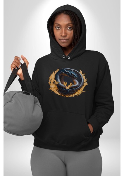 Ejderha Ateşli Top Kadın Erkek Siyah Kapüşonlu Sweatshirt Hoodie fırsatları