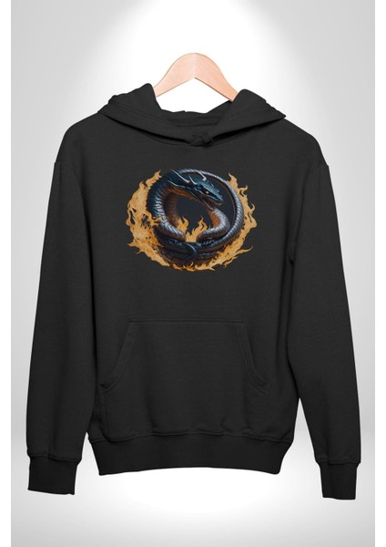 Ejderha Ateşli Top Kadın Erkek Siyah Kapüşonlu Sweatshirt Hoodie indirimleri