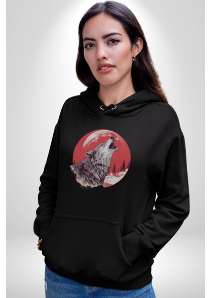 Uluyan Beyaz Kurt Kadın Erkek Siyah Kapüşonlu Sweatshirt Hoodie