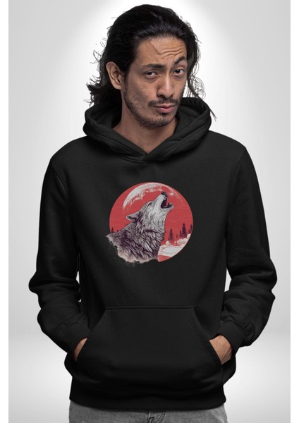 Uluyan Beyaz Kurt Kadın Erkek Siyah Kapüşonlu Sweatshirt Hoodie modelleri