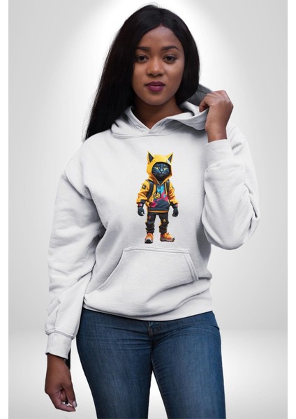 Spor Eşofman Takımı Sarı Kedi Insan Kadın Erkek Beyaz Kapüşonlu Sweatshirt Hoodie fırsatları