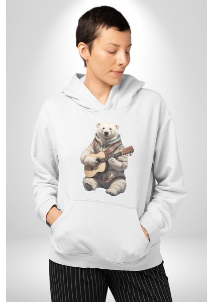 Kutup Ayısı Gitar Polar Çeket Kadın Erkek Beyaz Kapüşonlu Sweatshirt Hoodie