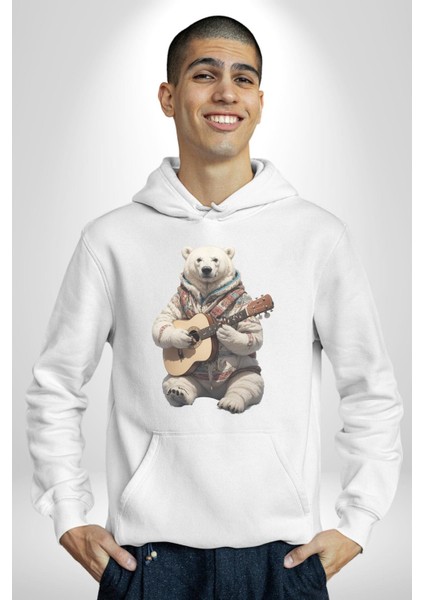 Kutup Ayısı Gitar Polar Çeket Kadın Erkek Beyaz Kapüşonlu Sweatshirt Hoodie