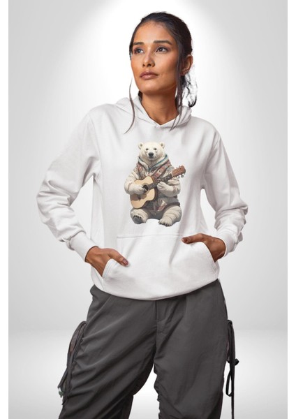Kutup Ayısı Gitar Polar Çeket Kadın Erkek Beyaz Kapüşonlu Sweatshirt Hoodie