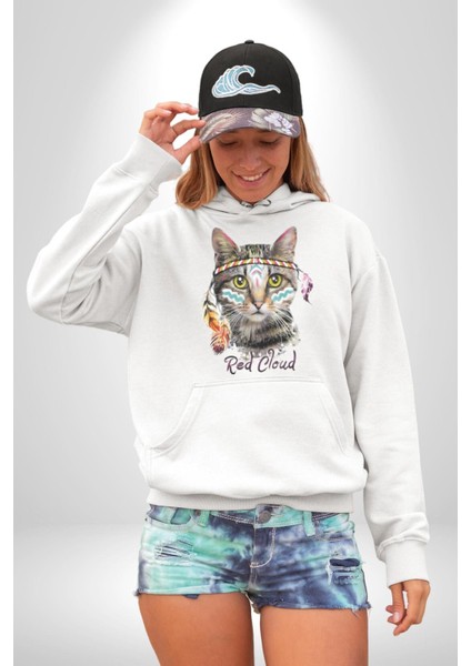Red Cloud Kedi Hintli Kadın Erkek Beyaz Kapüşonlu Sweatshirt Hoodie
