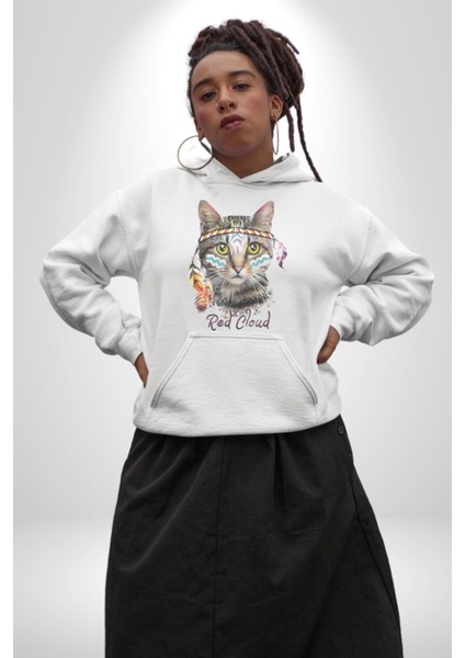 Red Cloud Kedi Hintli Kadın Erkek Beyaz Kapüşonlu Sweatshirt Hoodie indirimleri